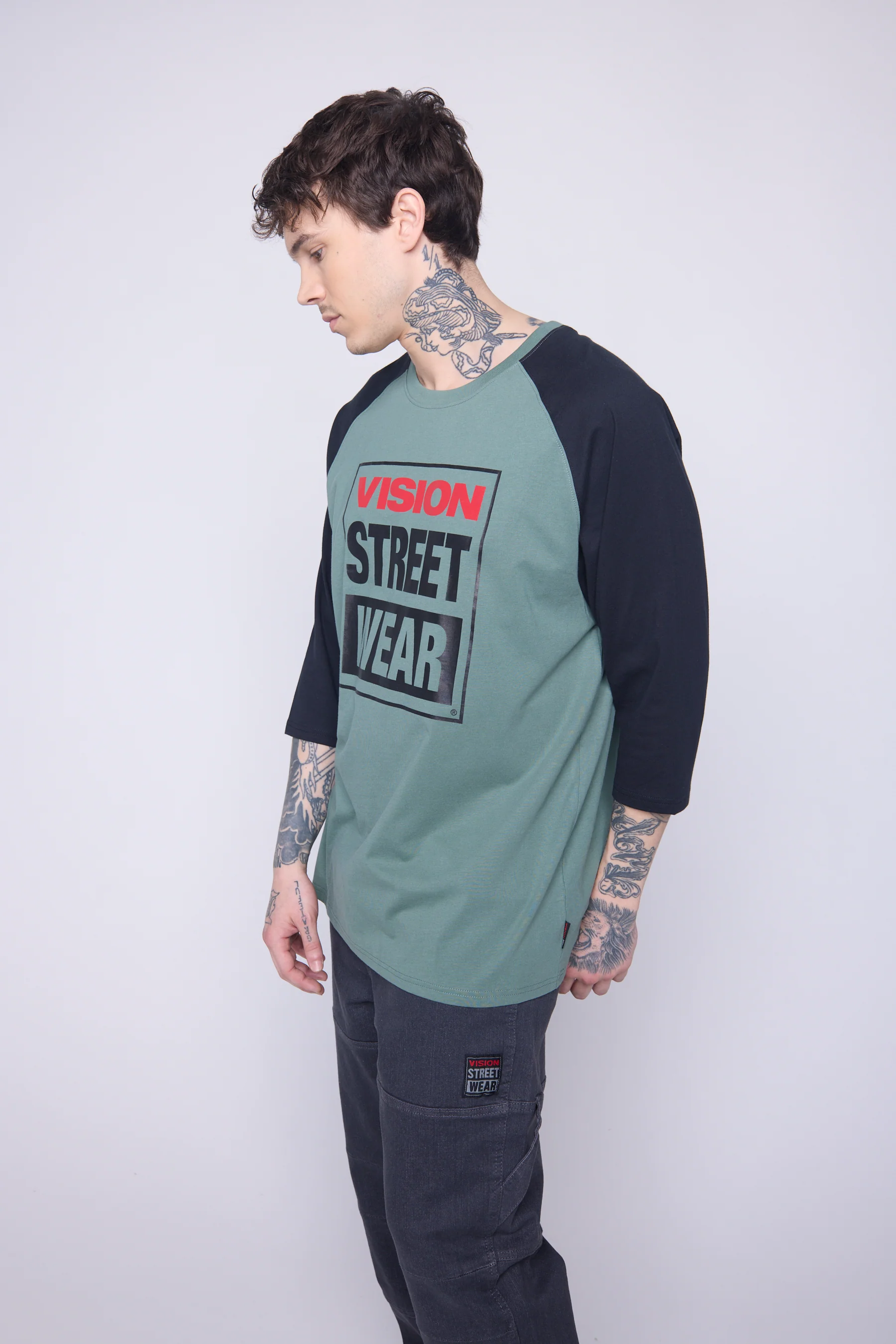 3/4 Raglan Sleeve Box Logo Print - Moss - Image 3