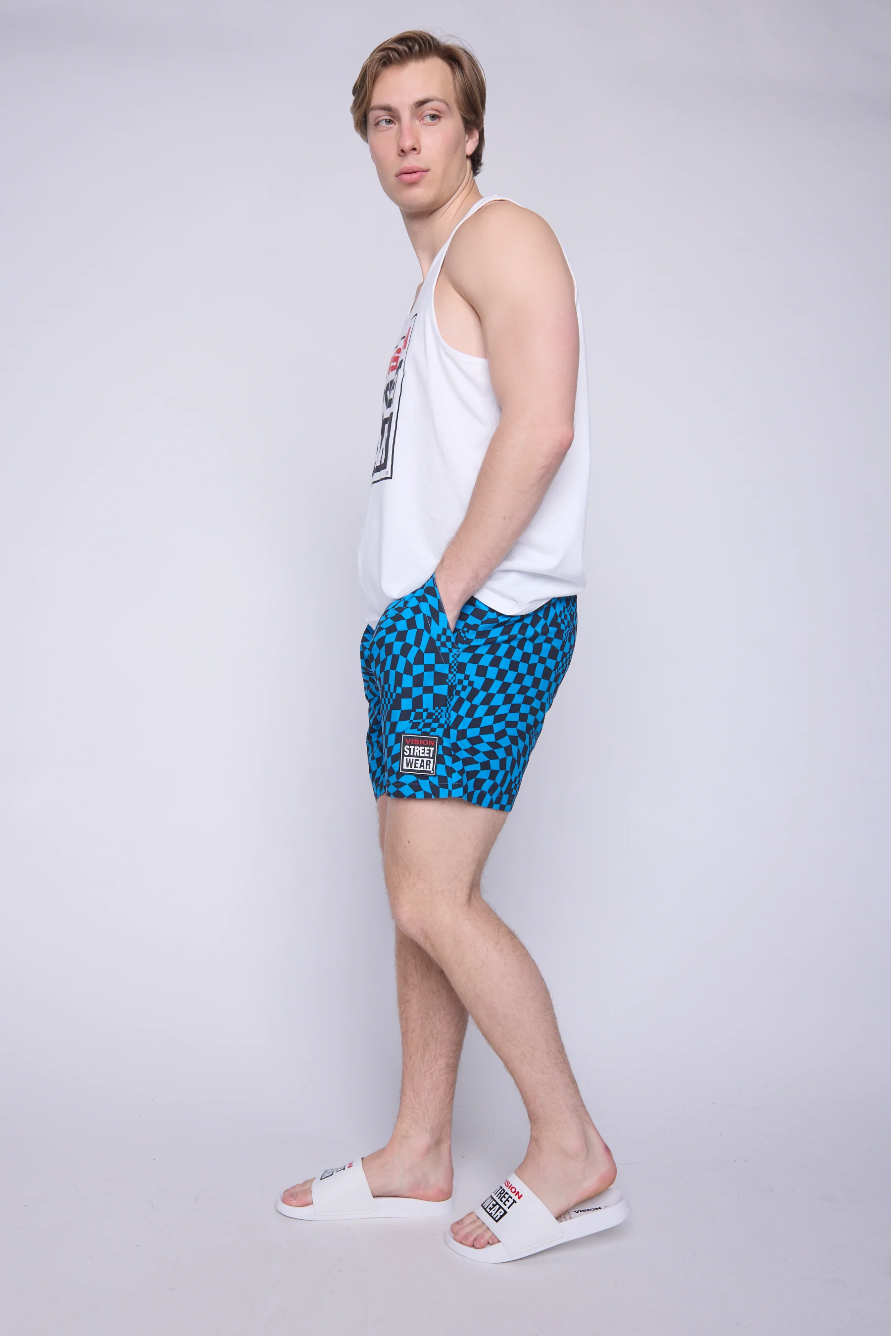 AOP Spiral Checker Swim Shorts - Blue - Image 3