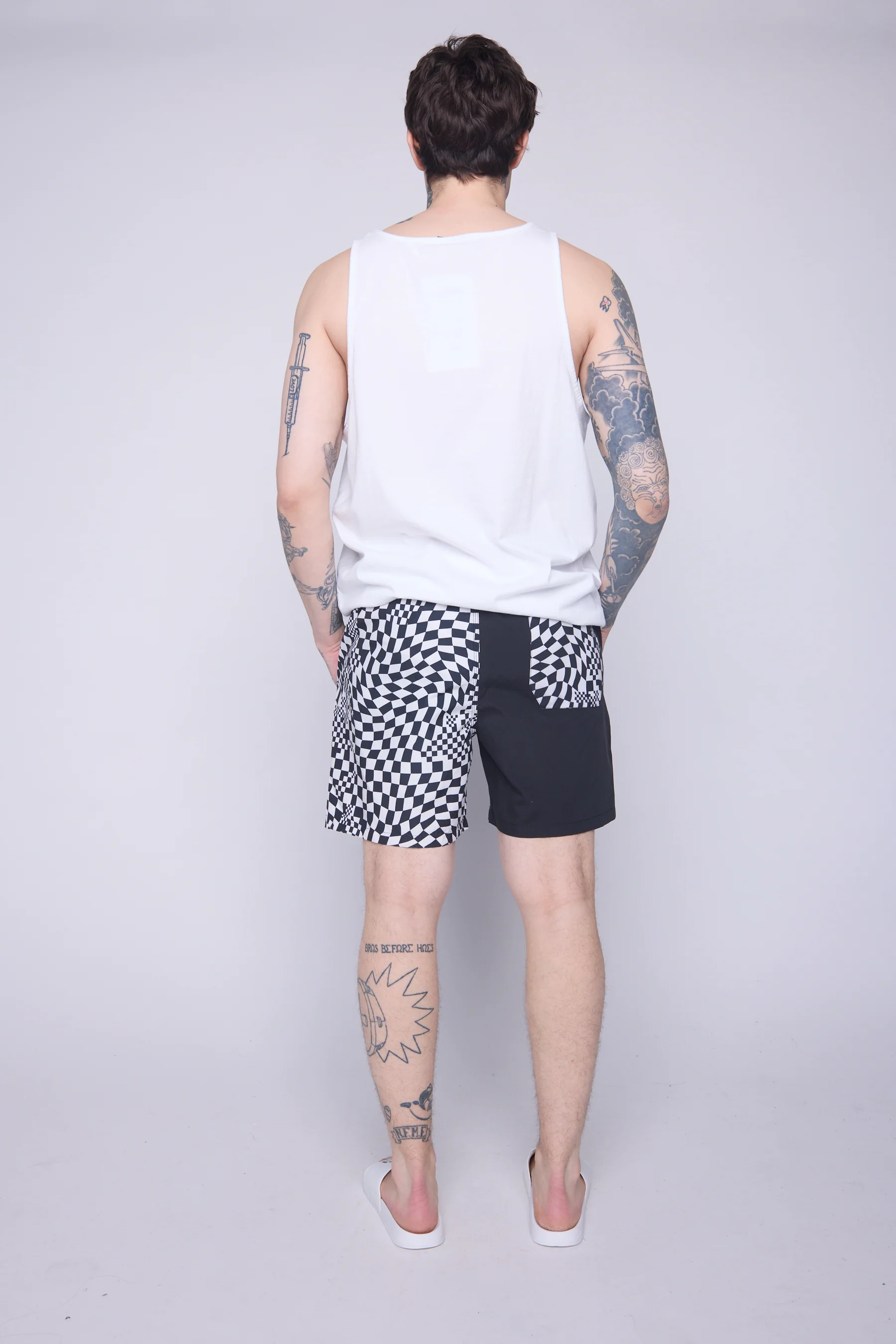 Checker/Logo Asymmetrical Swim Shorts - Ivory - Image 2