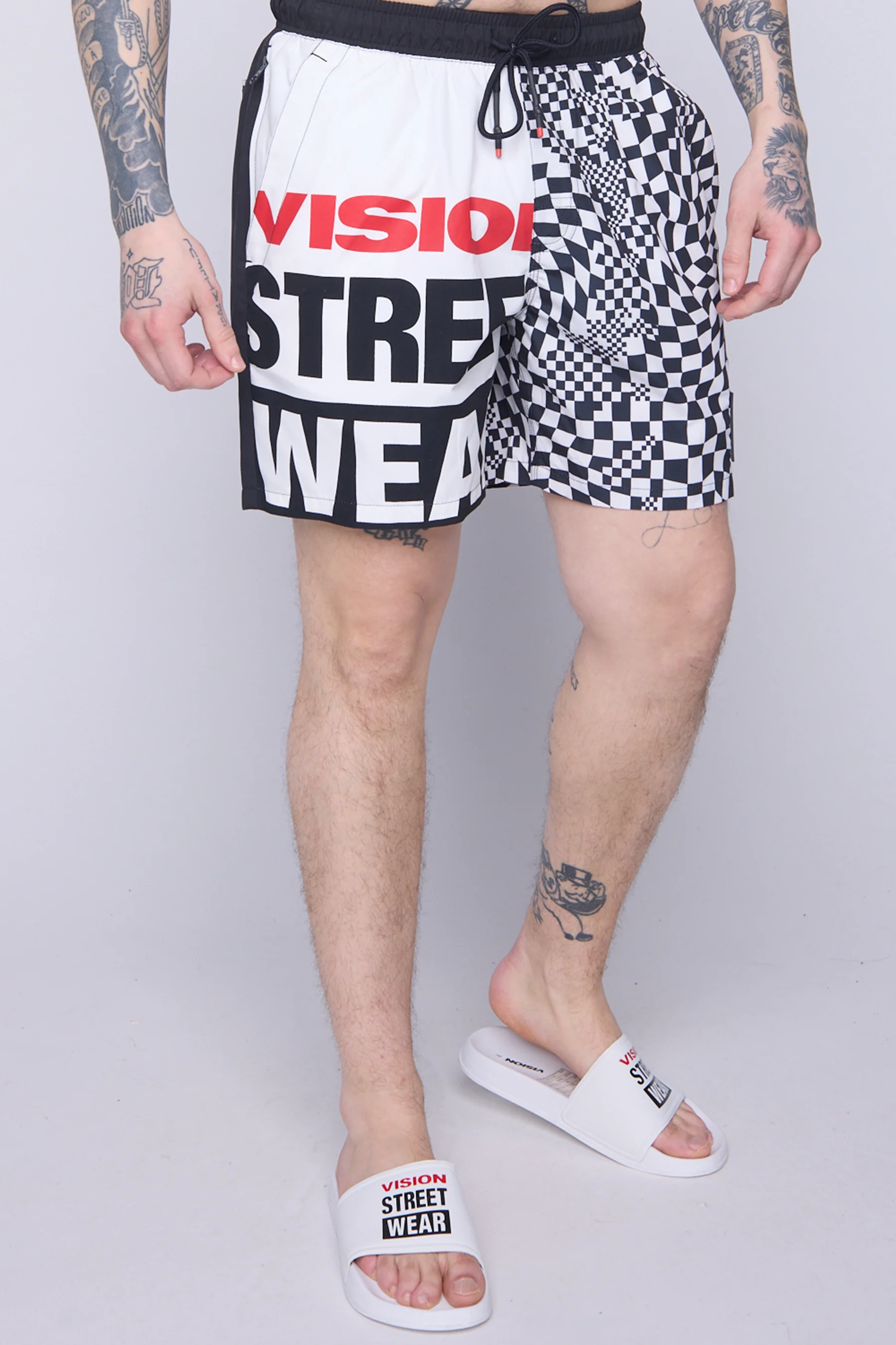 Checker/Logo Asymmetrical Swim Shorts - Ivory - Image 3