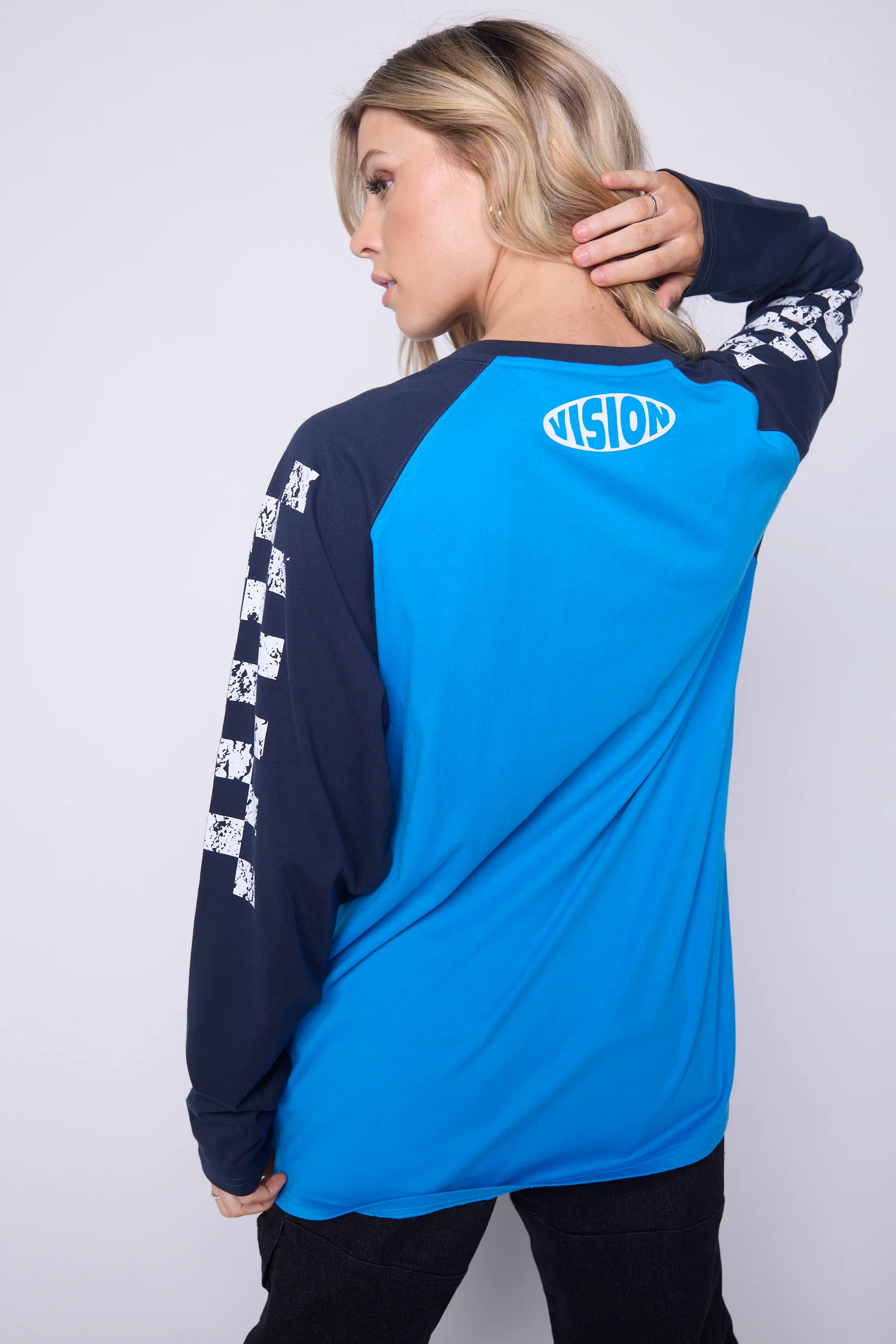 Checker Print Sleeve Logo T-Shirt - Blue/Navy - Image 2