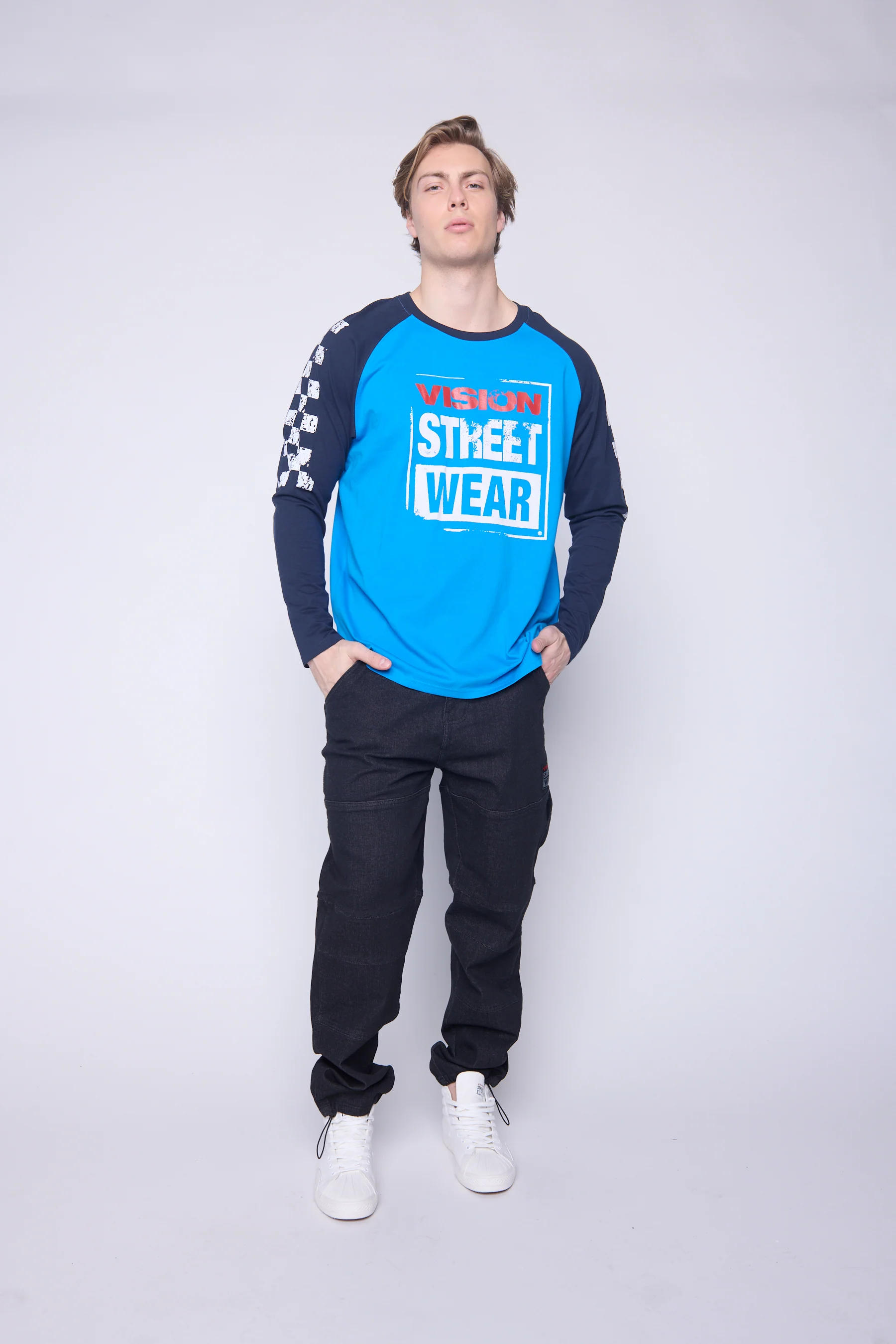 Checker Print Sleeve Logo T-Shirt - Blue/Navy - Image 3