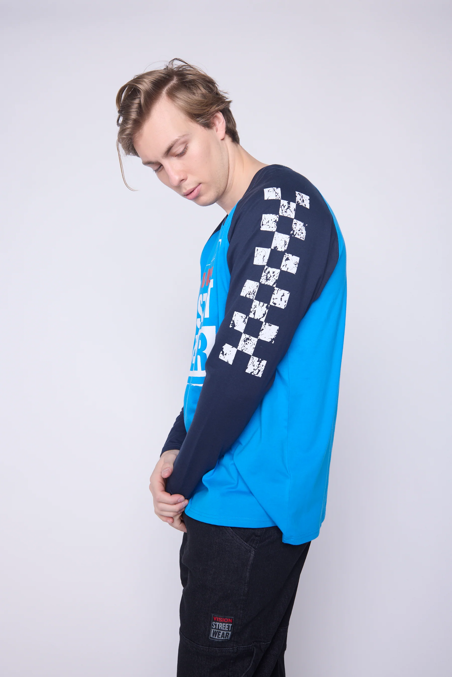 Checker Print Sleeve Logo T-Shirt - Blue/Navy - Image 4
