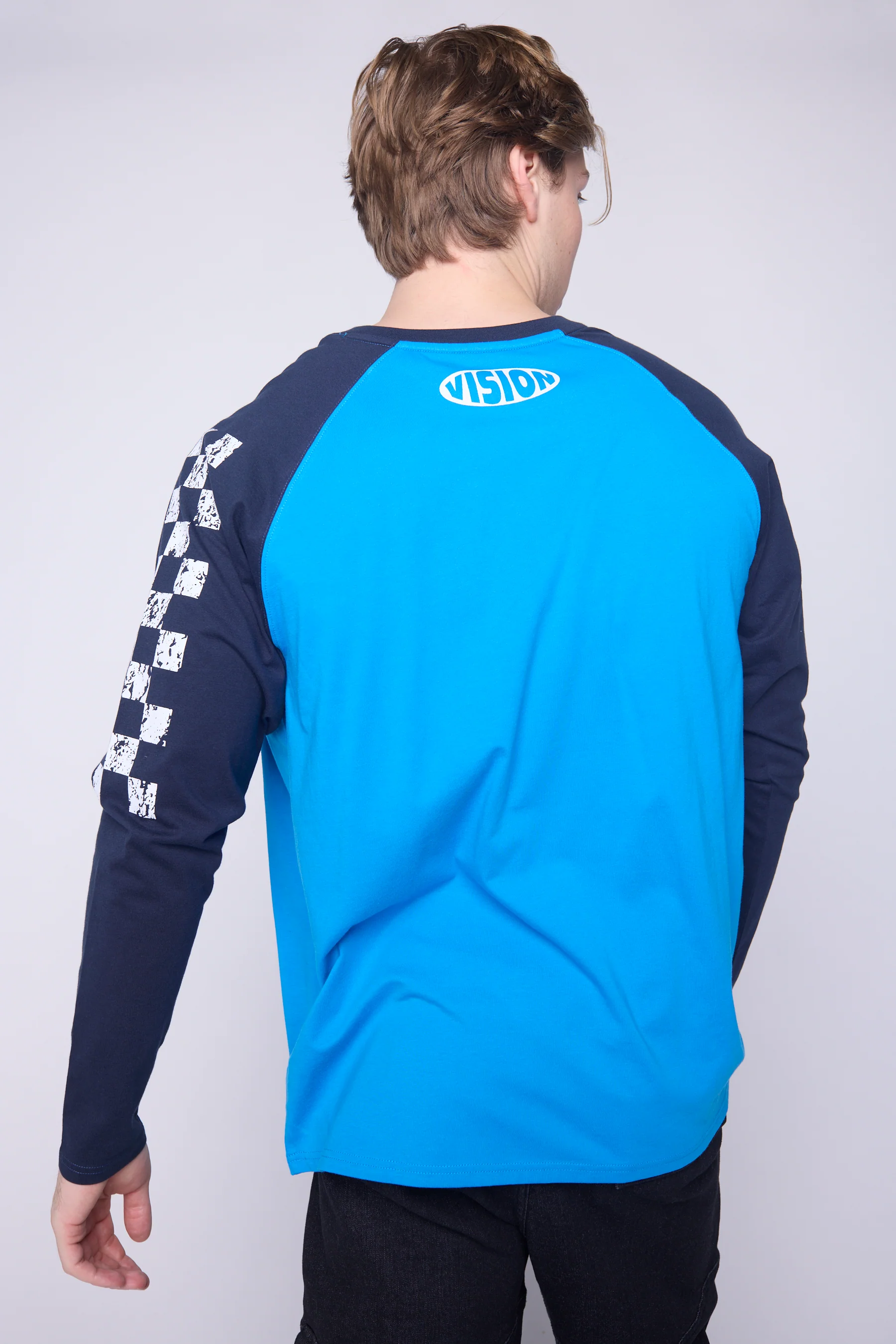 Checker Print Sleeve Logo T-Shirt - Blue/Navy - Image 5