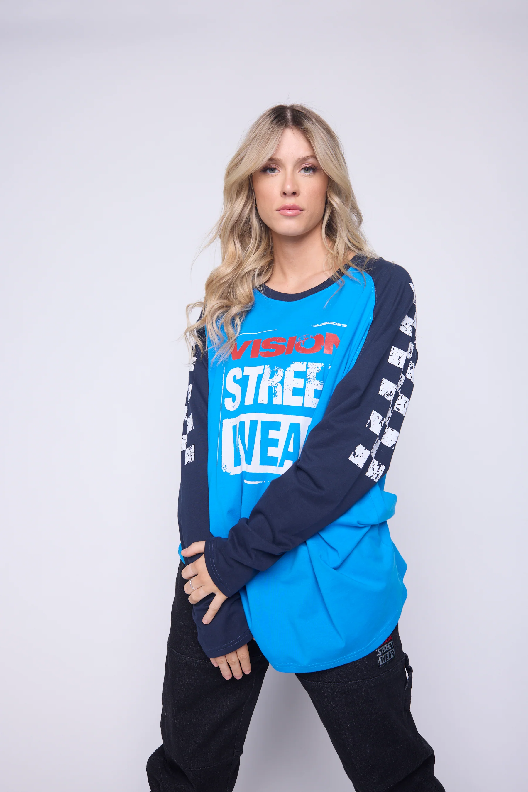 Checker Print Sleeve Logo T-Shirt - Blue/Navy - Image 6