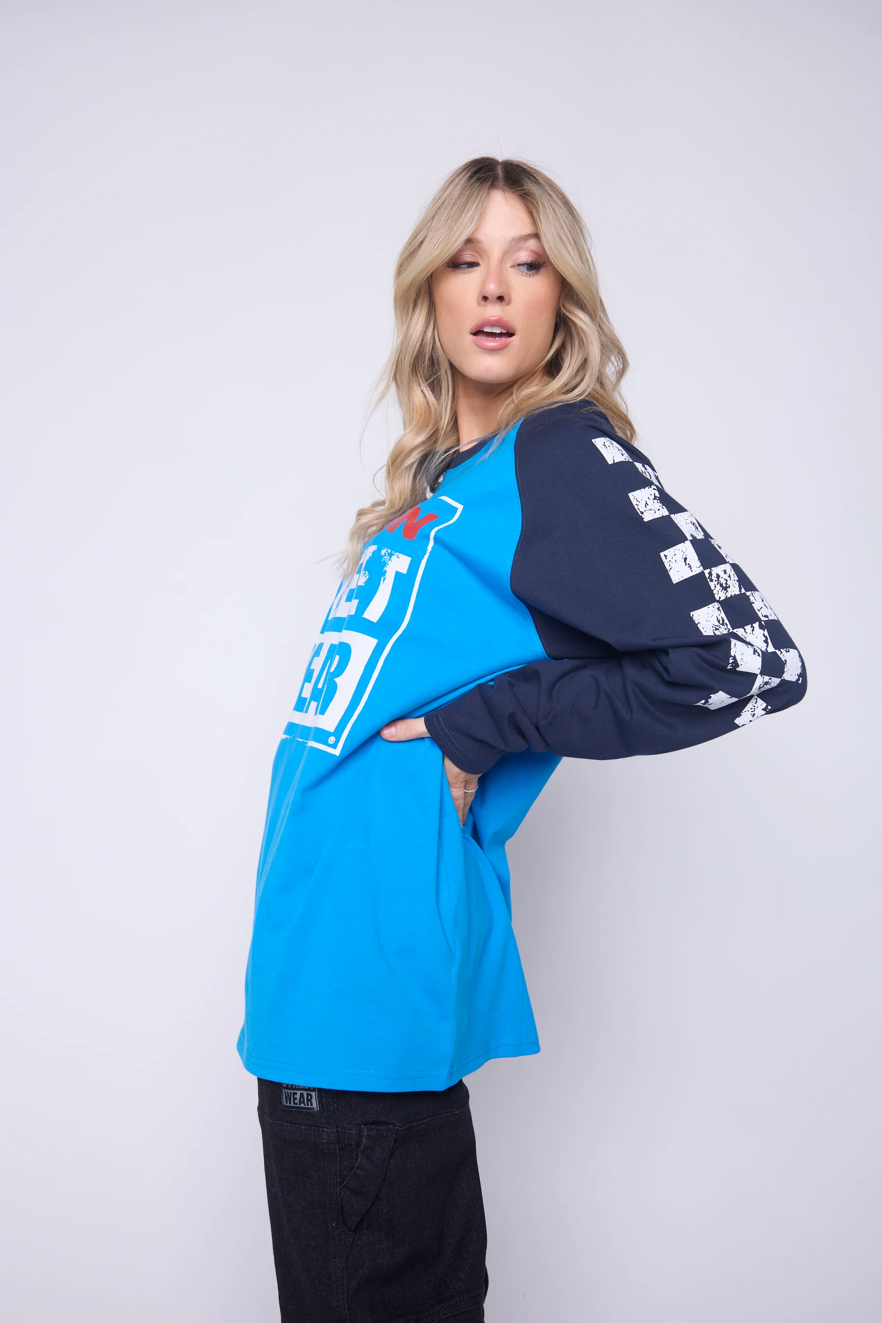 Checker Print Sleeve Logo T-Shirt - Blue/Navy - Image 7
