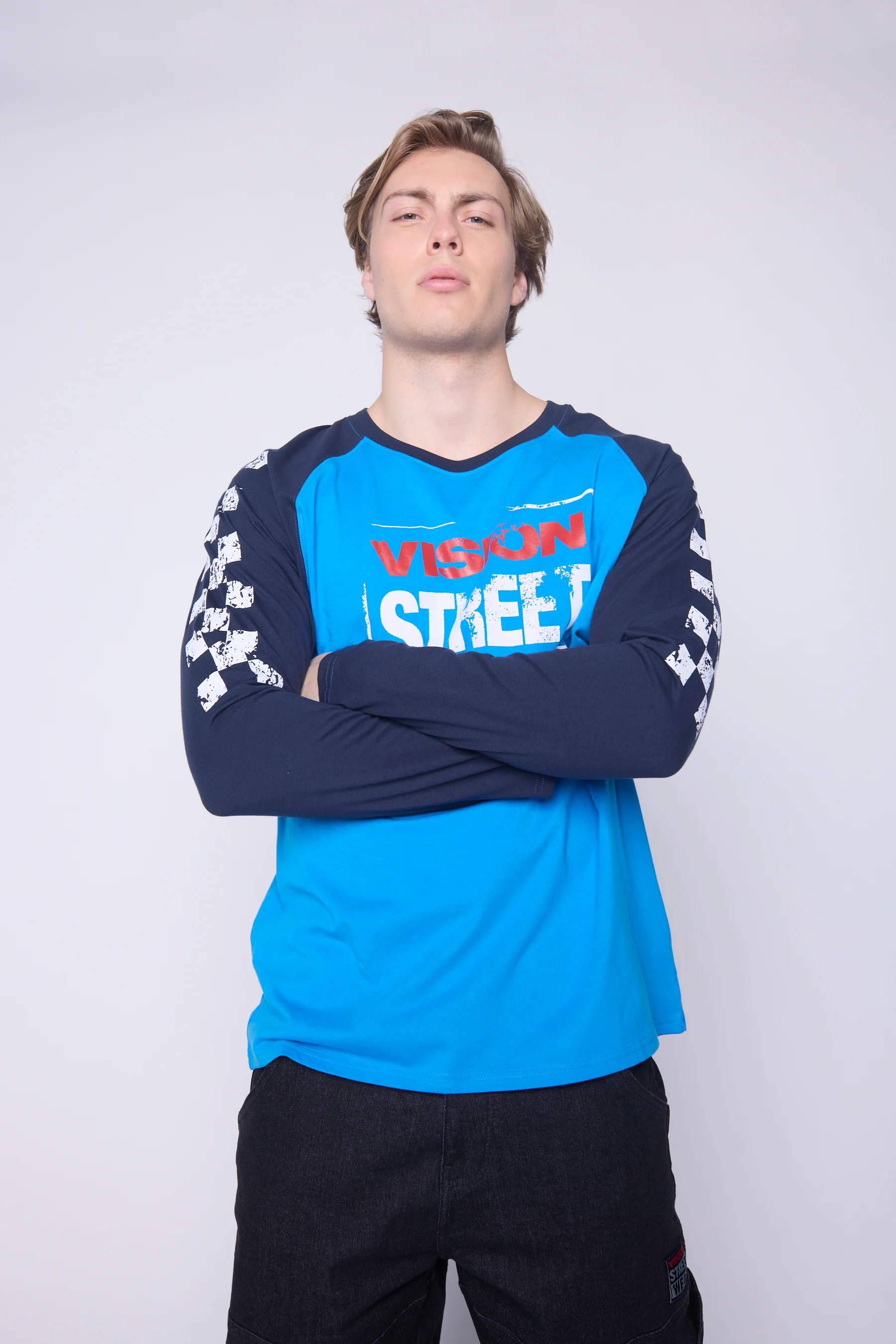 Checker Print Sleeve Logo T-Shirt - Blue/Navy - Image 8