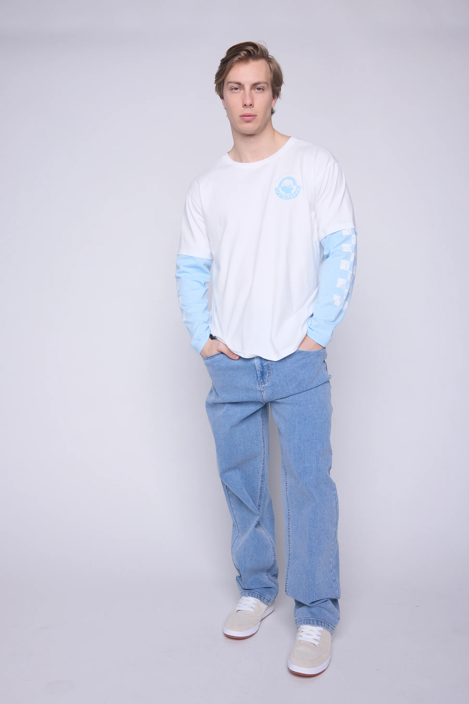 Crew Neck Full Long Sleeve Fooler - Ivory/Blue Cloud