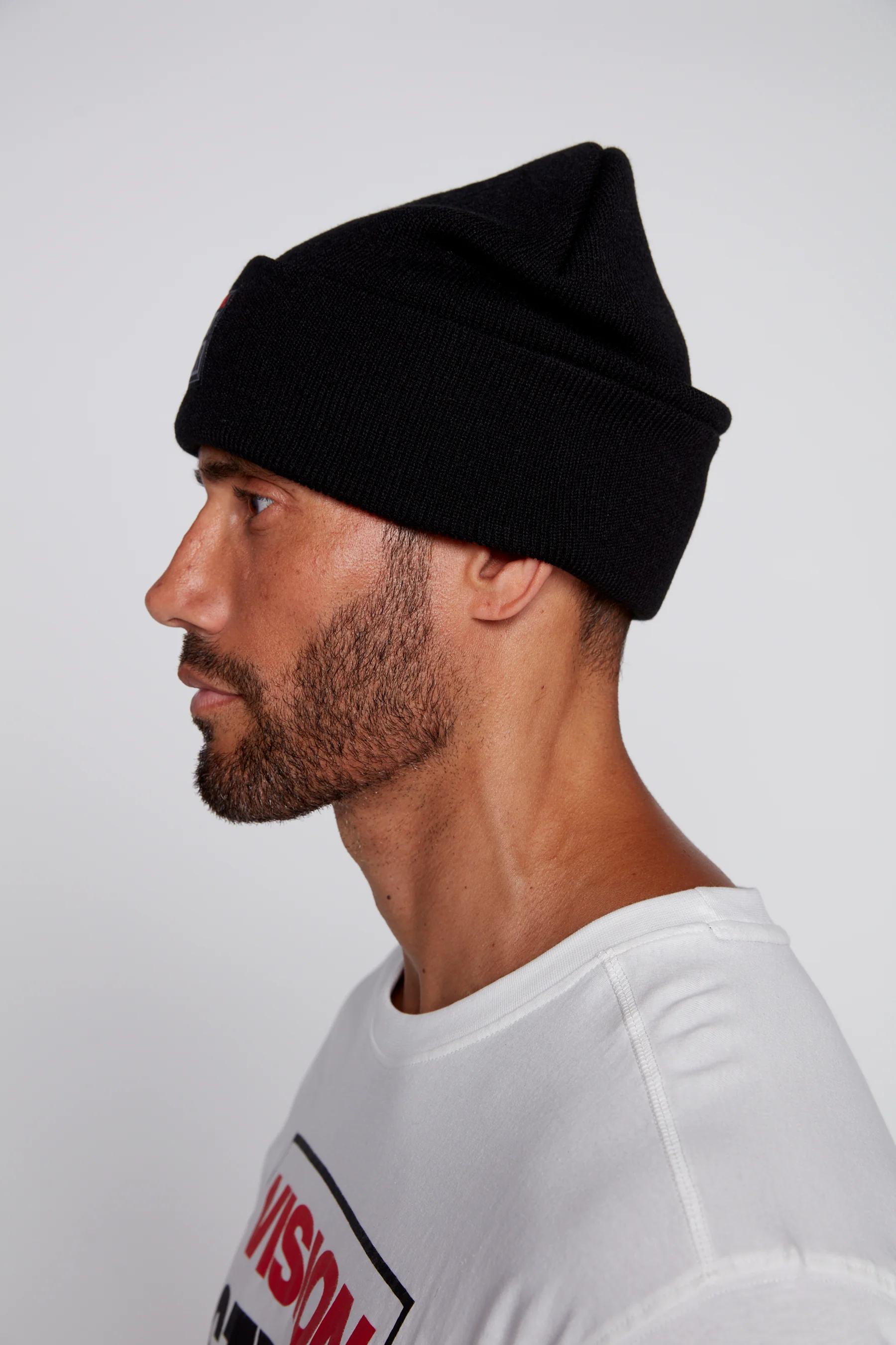 Cuffed Knitted Beanie With Large Logo Patch - BLACK - Image 3