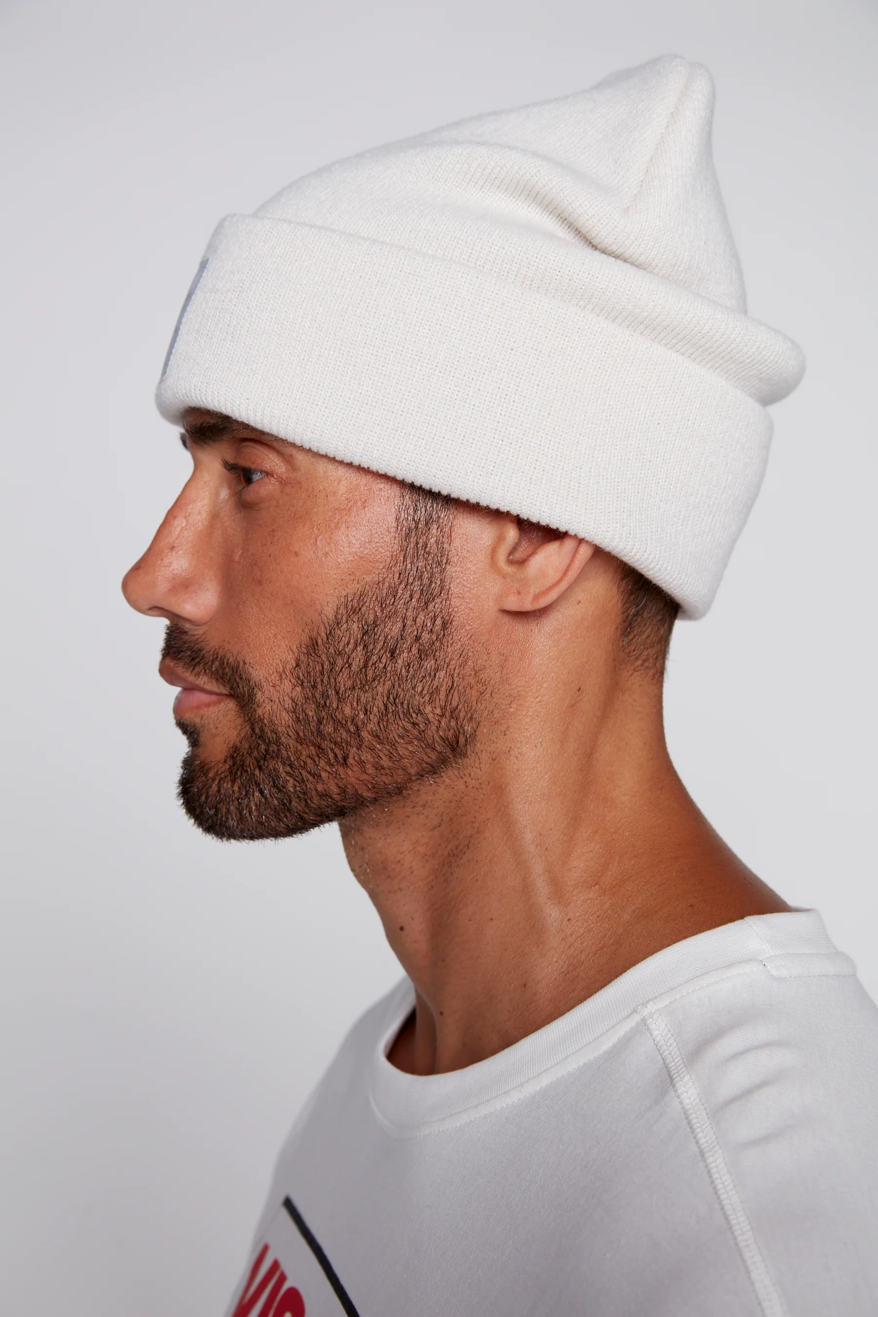 Cuffed Knitted Beanie With Large Logo Patch -BONE - Image 3