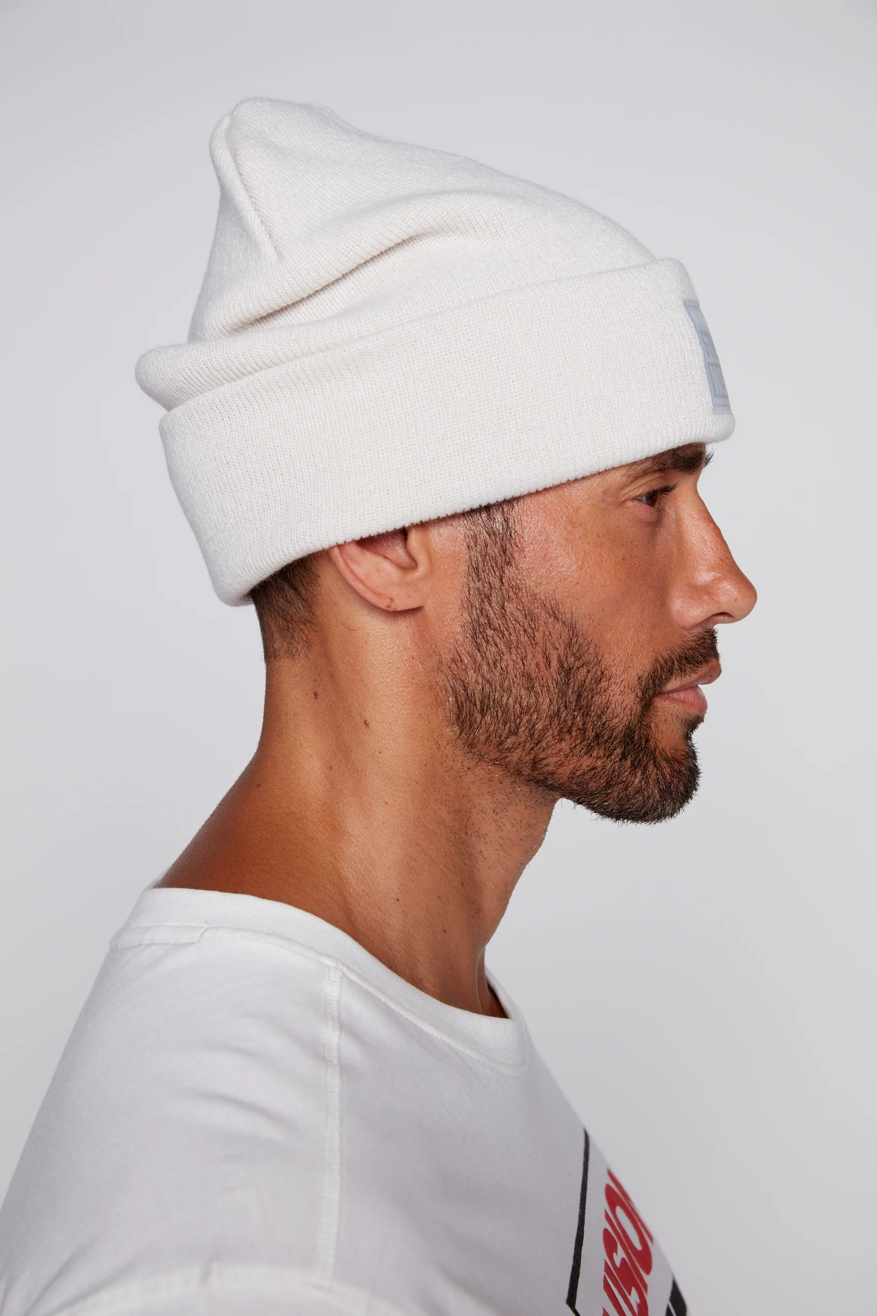Cuffed Knitted Beanie With Large Logo Patch -BONE - Image 6