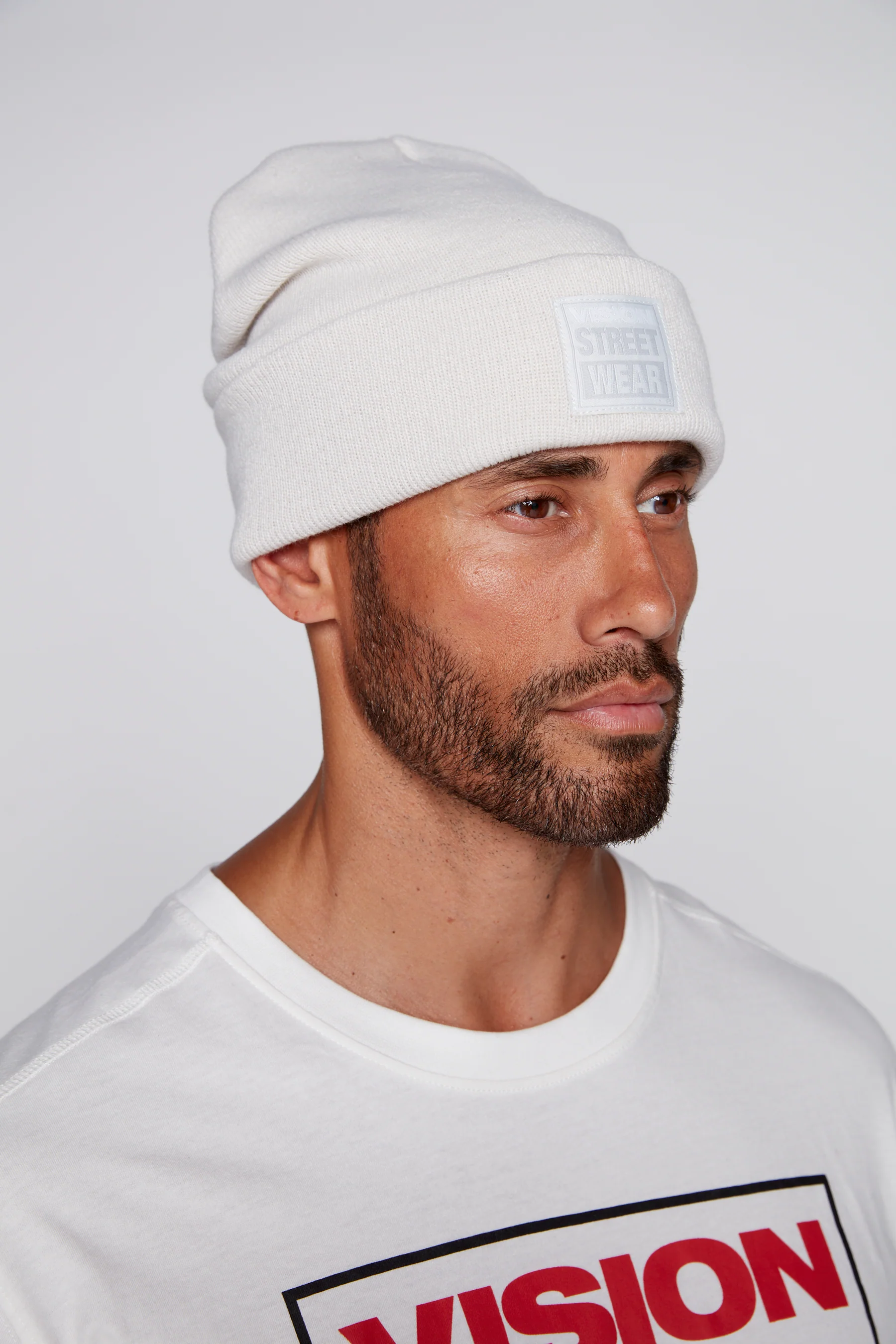 Cuffed Knitted Beanie With Large Logo Patch -BONE - Image 7