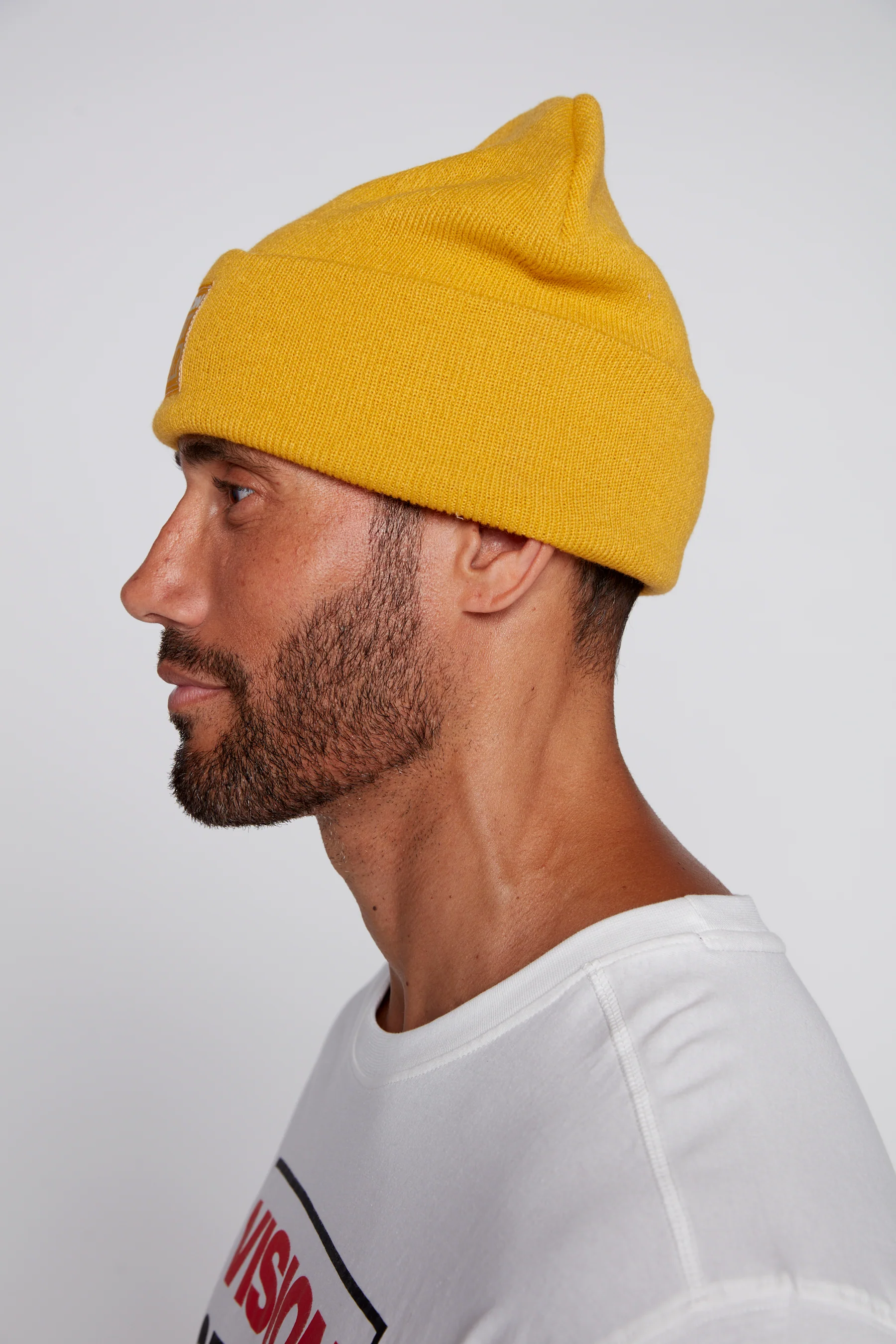 Cuffed Knitted Beanie With Large Logo Patch - MUSTARD - Image 3