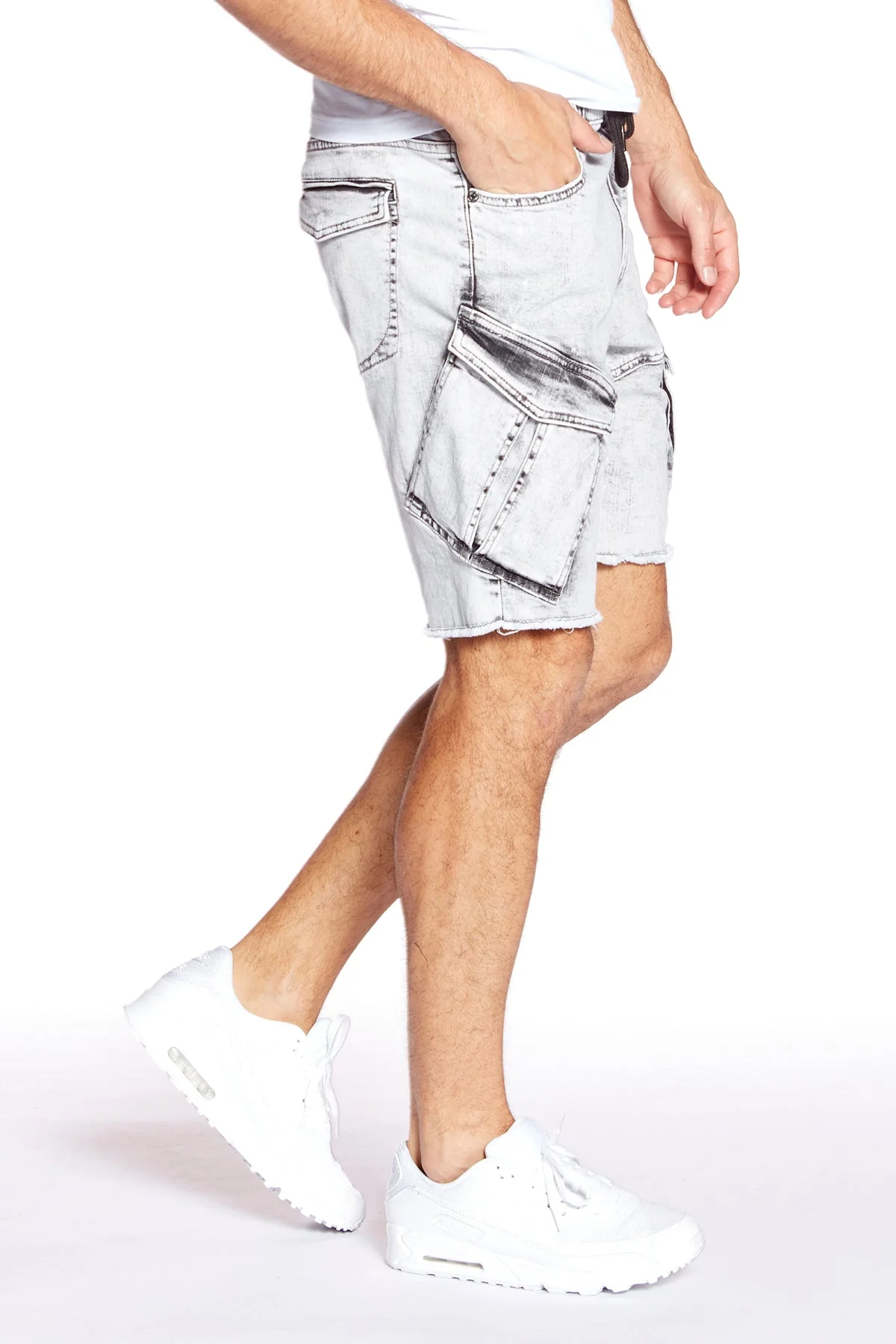 KRAVITZ - Mens Shorts With bellowed Cargo pockets - Light Grey Acid Wash - Image 3